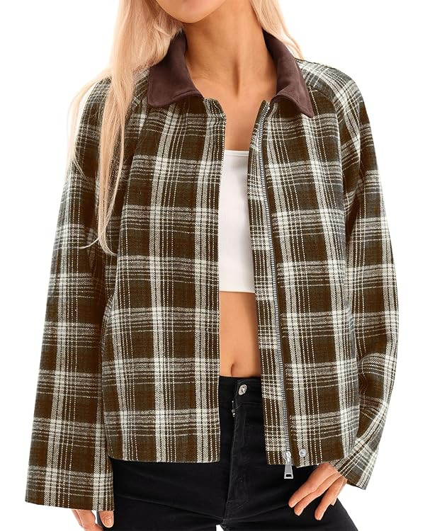 Tankaneo Womens Plaid Cropped Jackets Barn Lightweight Flannel Zip Up Utility Coat Casual Short J... | Amazon (US)