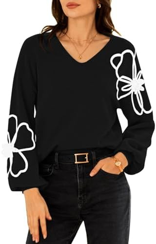 Pink Queen Women's Pullover Sweaters 2025 Knit Floral V Neck Tunic Pullover Long Sleeve Oversized... | Amazon (US)