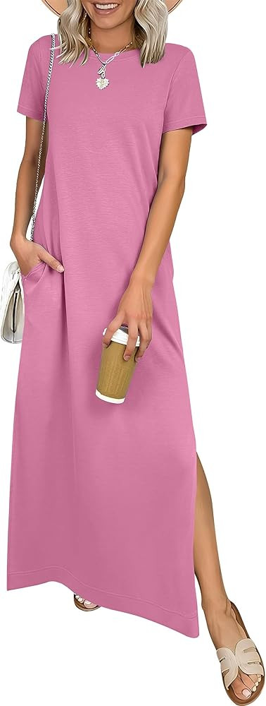 ANRABESS Womens Summer Casual Maxi Dress Short Sleeve Crewneck Split Wrinkle-Free Travel Long Sun... | Amazon (US)