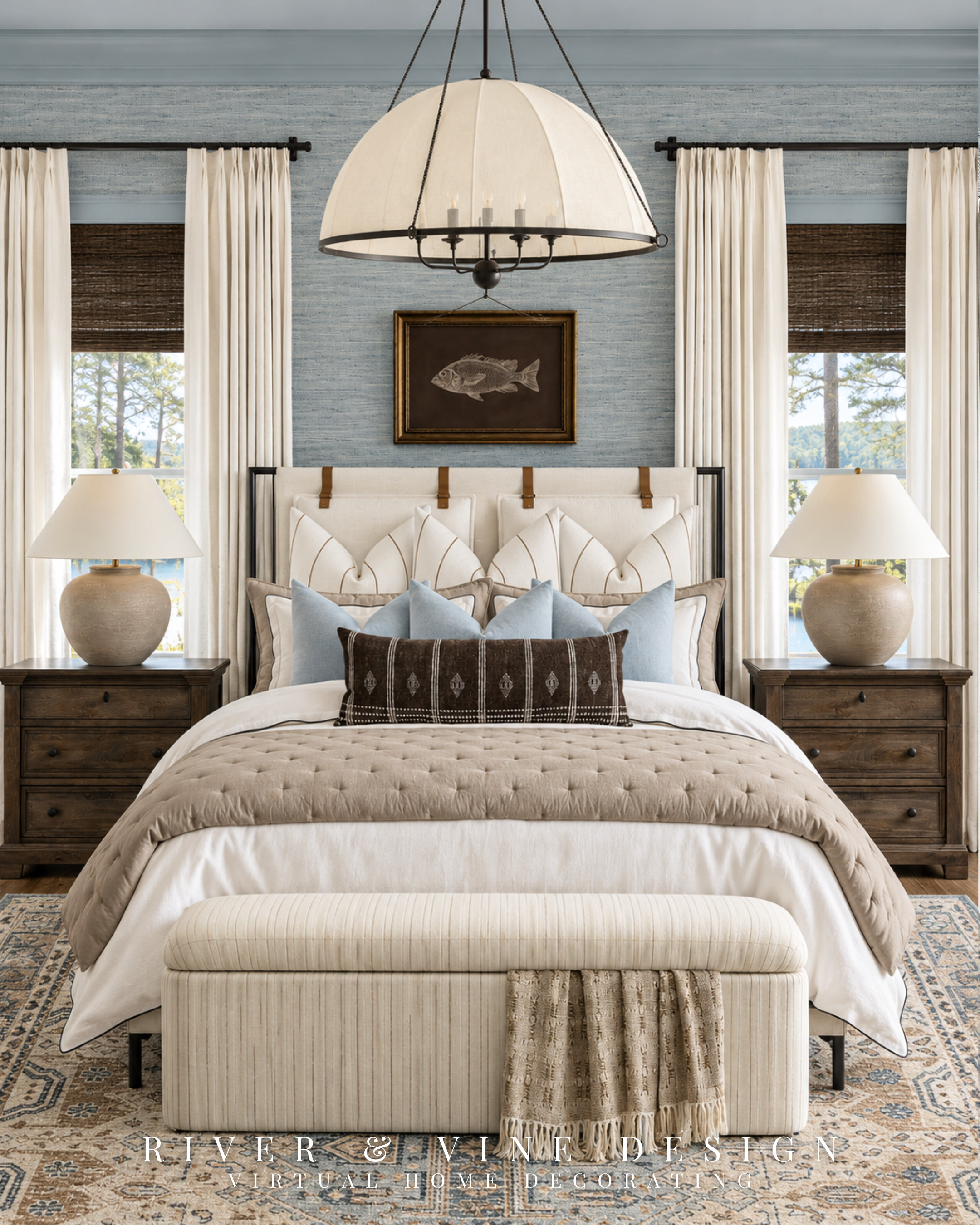 Before you replace your dark wood nightstands, try changing what surrounds them.

For a light and airy lake house bedroom, pair those deeper wood tones with soft blue, ivory bedding, and warm taupe layers. The lighter fabrics brighten the composition, while the brown gives it depth.

Notice how the brown lumbar pillow repeats the nightstands’ darker tones. That connection helps the furniture feel at home among the softer colors—and gives you a useful starting point when choosing bedding for pieces you already own.

For a smaller refresh, start with the blue pillows, patterned lumbar, and folded neutral quilt. Browse the bedding and pillow selections to bring this combination into your own bedroom.

blue and neutral bedroom ideas, light and airy lake house bedroom, bedding for dark wood furniture, layered ivory bedding, blue bedroom pillows, brown lumbar pillow, upholstered bedroom bench

I may receive a commission from purchases made through my links. 

 #LTKHome