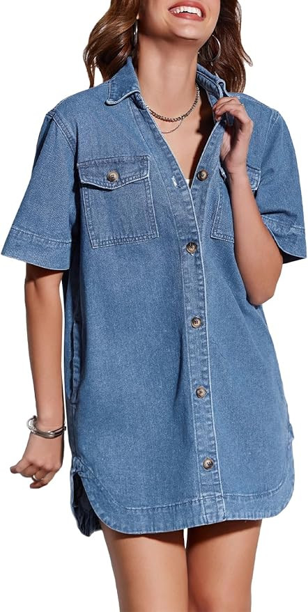 Fisoew Womens Button Down Denim Shirt Dress Loose V Neck Half Sleeve Casual Summer Jean Mini Dres... | Amazon (US)