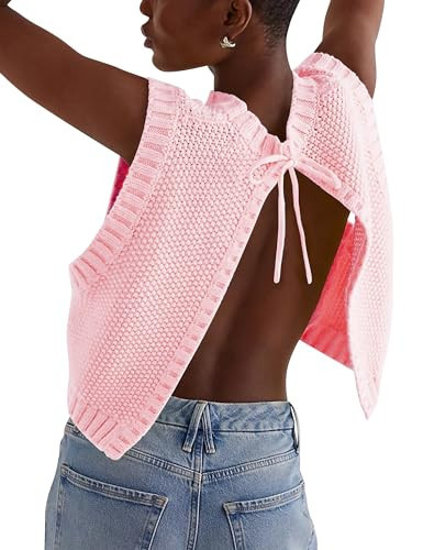 Cioatin Women Y2K Backless Tie Up Knit Crop Sweater Vest Sleeveless Round Neck Split Open Back Pullover Summer Tank Tops Pink | Amazon (US)