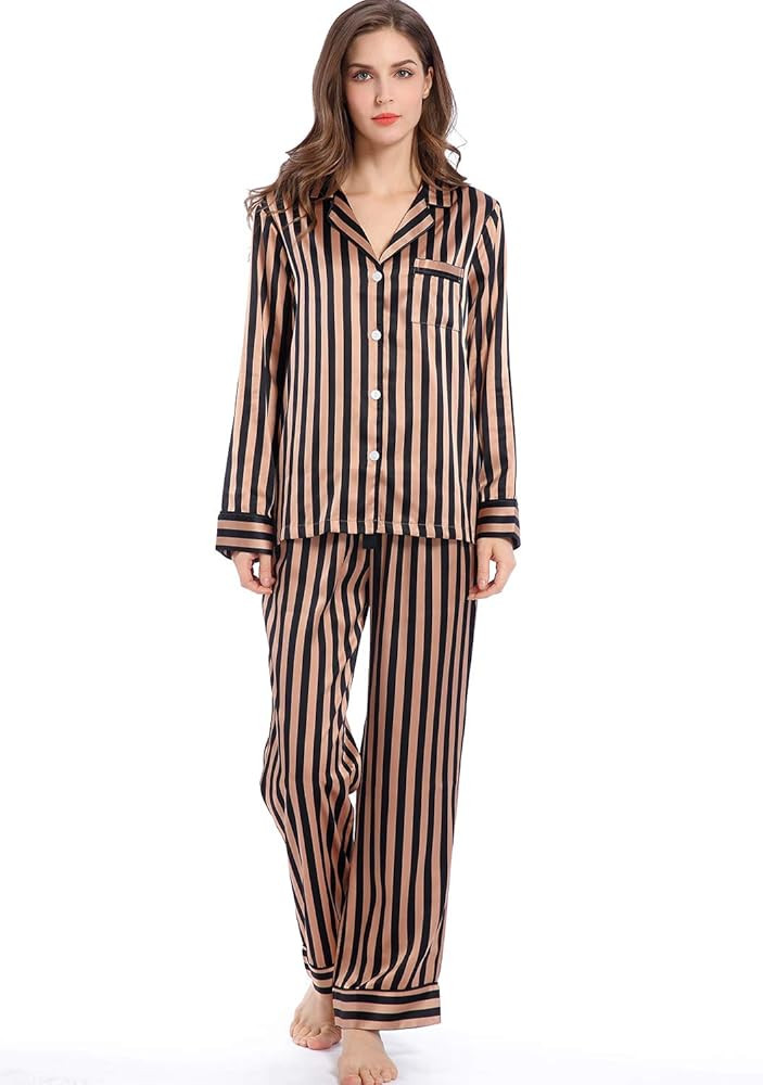 Women's Satin Pajama Set Long Sleeve Button Sleepwear 2-Piece Pj Lounge Set | Amazon (US)