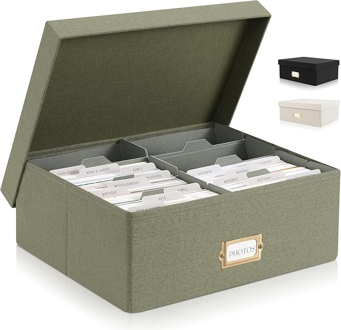 ZICOTO Decorative Photo Storage Box - Sturdy Linen Photo Organizer with Dividers is Perfect to St... | Amazon (US)
