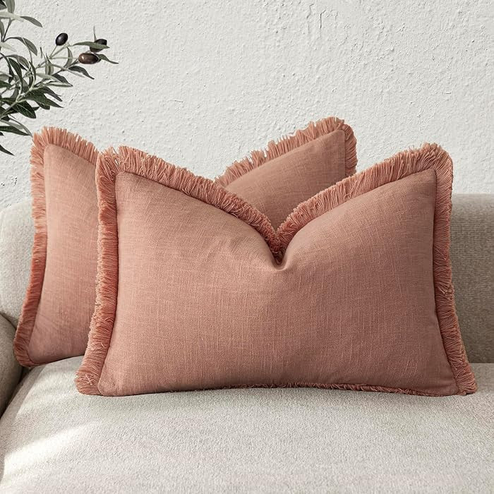 Foindtower Set of 2 Decorative Linen Fringe Lumbar Throw Pillow Covers Boho Farmhouse Cushion Cov... | Amazon (US)