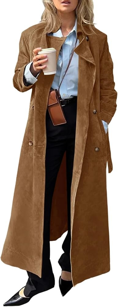 Tankaneo Womens Long Trench Coat Fall Faux Suede Jackets Double Breasted Lapel Pea Coat with Belt | Amazon (US)