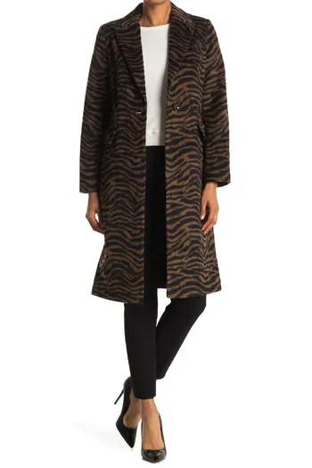 Tahari Raven Zebra Print Felted Coat in Dark Brown Zebra at Nordstrom Rack, Size X-Small | Nordstrom Rack