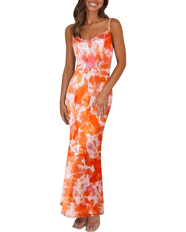 PRETTYGARDEN Women's 2025 Summer Floral Spaghetti Strap Maxi Dress Stretch Sexy Bodycon Dress Bac... | Amazon (US)