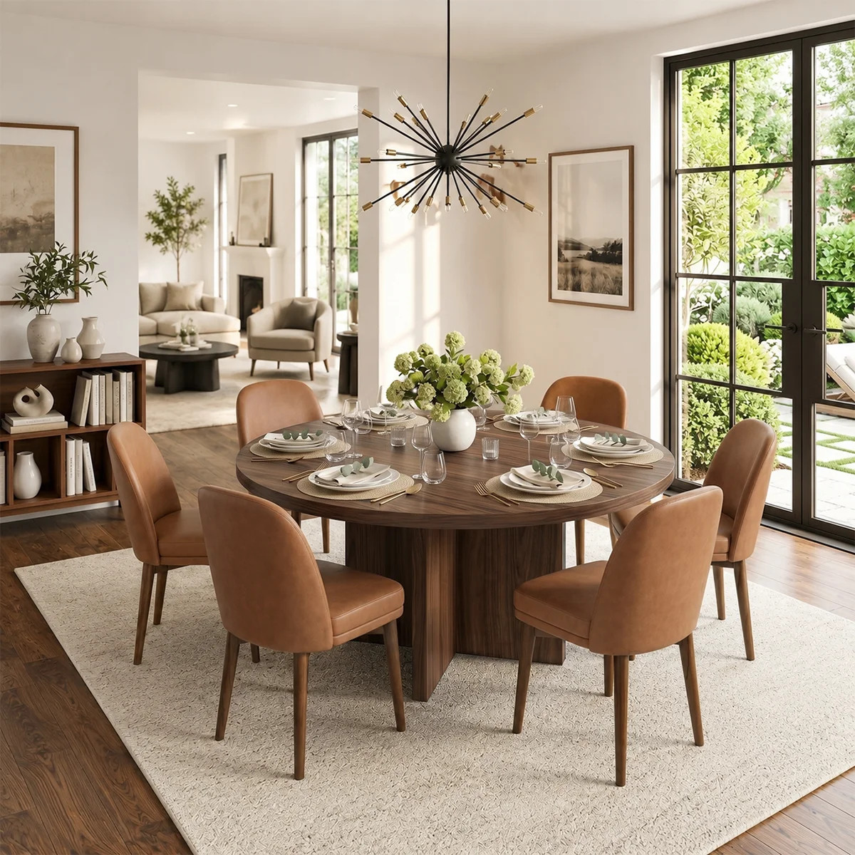 7-Piece 60" Round Walnut Dining Set With 6 Faux Leather Chairs | Wayfair North America