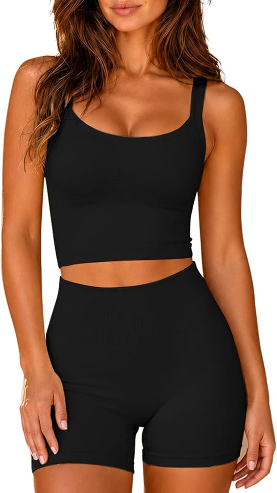 CHYRII Womens Two Piece Workout Sets Longline Tank Top with Built in Bra High Waisted Shorts Gym ... | Amazon (US)