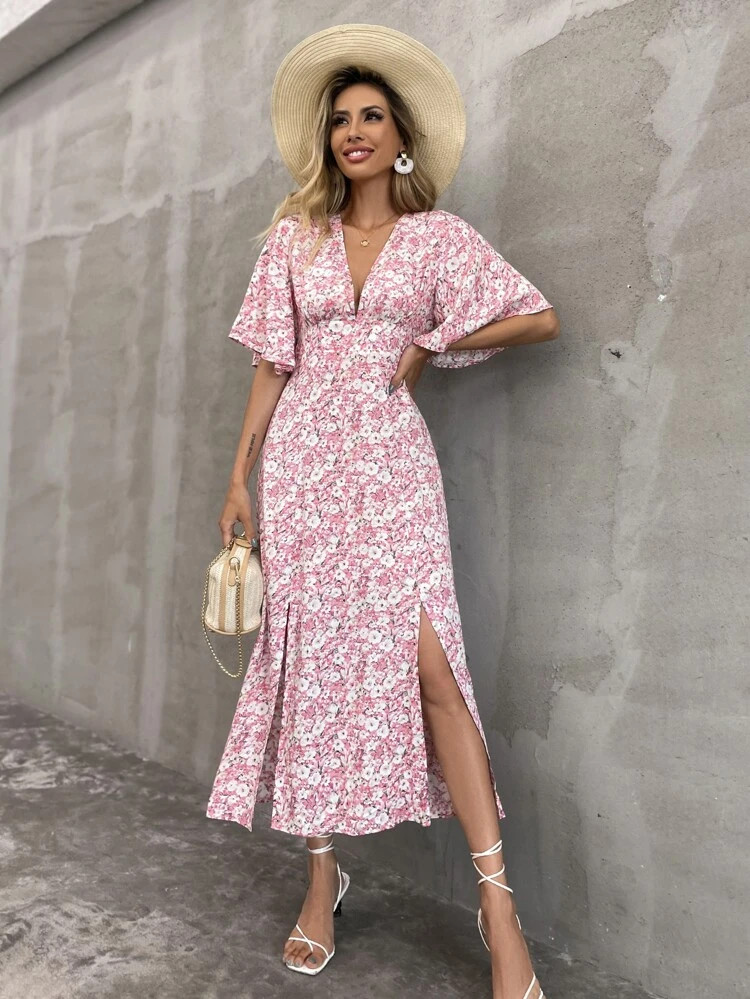 Floral Print Butterfly Sleeve Split Dress | SHEIN