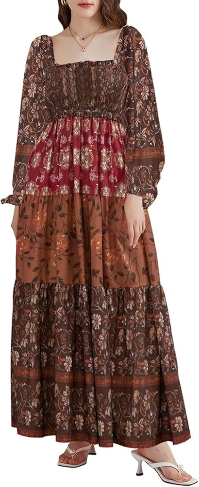 Women's Floral Long Boho Dress Shirred Square Neck Long Sleeve Tiered Ruffled Dress for Daily Off... | Amazon (US)