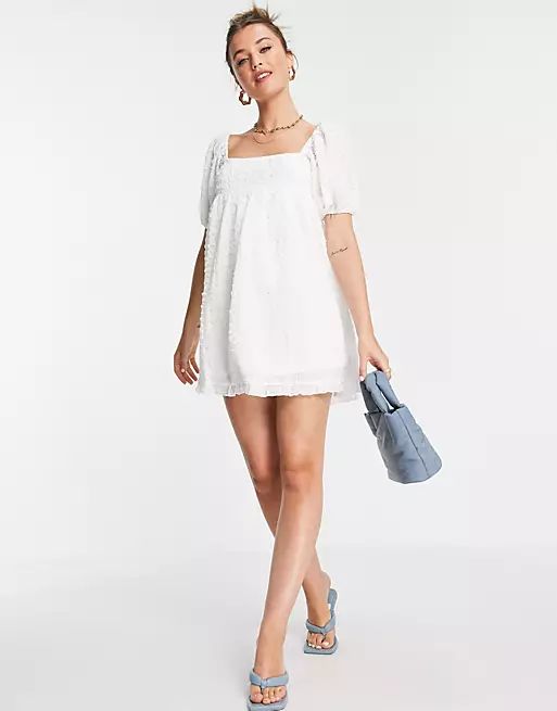 In The Style x Lorna Luxe textured puff sleeve smock dress in white | ASOS (Global)