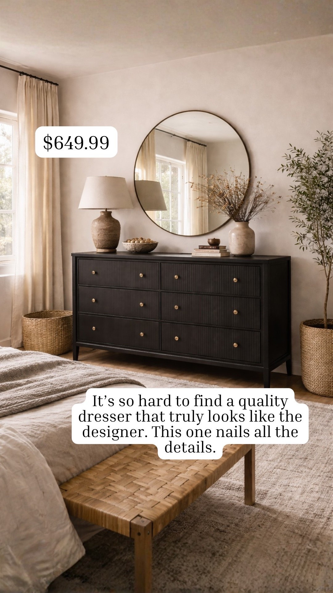 If you’ve been eyeing the Crate & Barrel Keane dresser but can’t justify the $3,000+ price tag… this Wayfair find is so good. It gives you that same warm wood tone, clean lines, and modern organic look for a fraction of the price. I love the subtle slatted detail and the black base—it feels elevated, minimal, and very designer-inspired without trying too hard. This is one of those pieces that instantly makes a bedroom feel more high-end and pulled together. If you’re searching for a Crate and Barrel Keane dresser dupe, a modern organic wood dresser, or a high-end look for less, this one is such a good option. Linked here.

#LTKSaleAlert #LTKHome