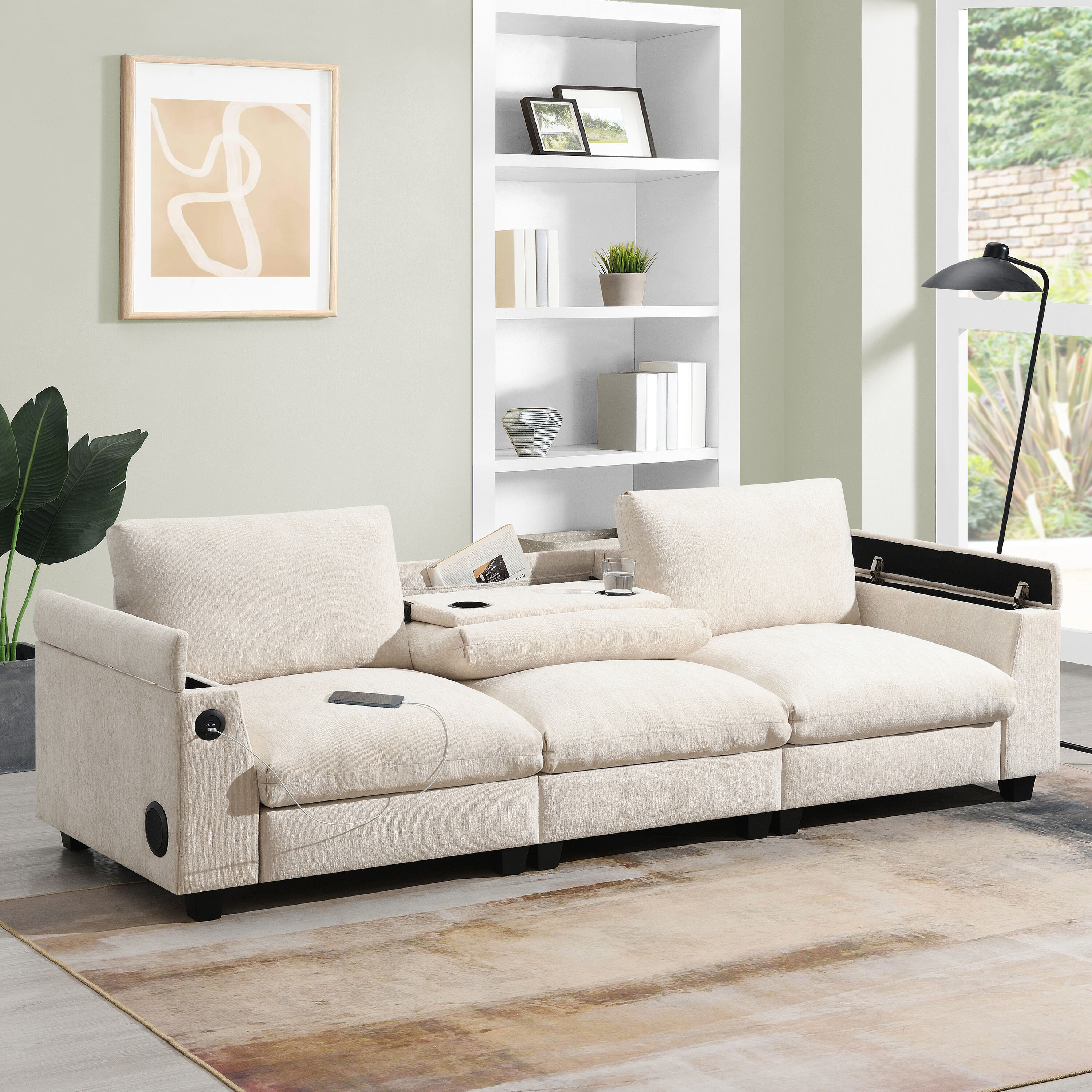 ModernLuxe 9635''Chenille Sectional Sofa 96-in W Modern Beige Chenille 3-seater Storage Sofa in White | L-N723S9750A | Lowe's
