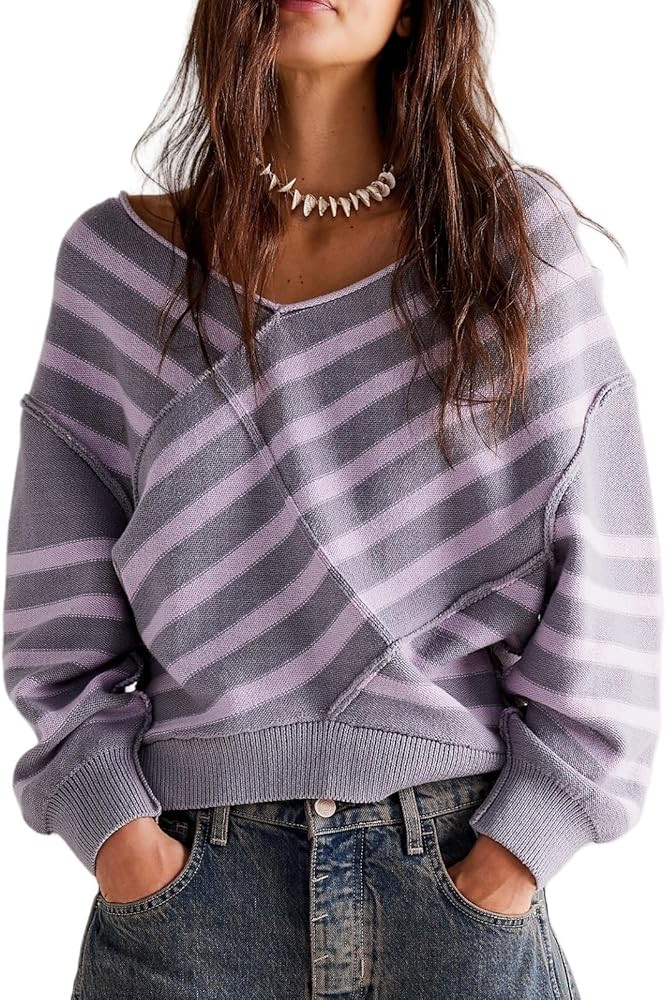 Women's Fall Off The Shoulder Sweaters Tredny Striped Loose V Neck Wrap Front Knitted Crop Sexy P... | Amazon (US)