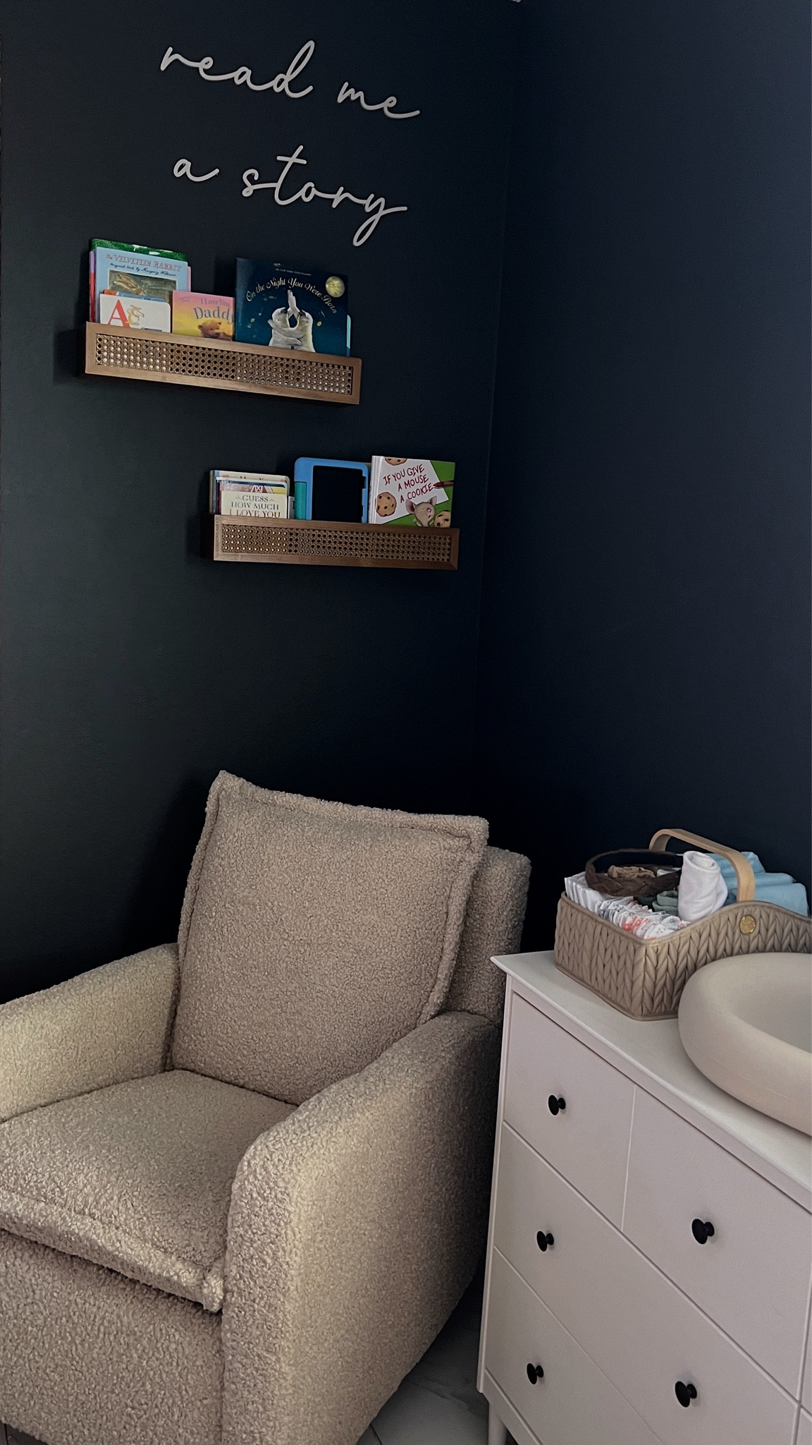 The sweetest little corner of the nursery 🩵

Boy nursery. Book shelves. Nursery decor. Nursery recliner. Nursery glider, nursery rocker. Boy nursery aesthetic. Diaper caddy. Changing table. Nursery dresser. 

#LTKkids #LTKbump #LTKbaby