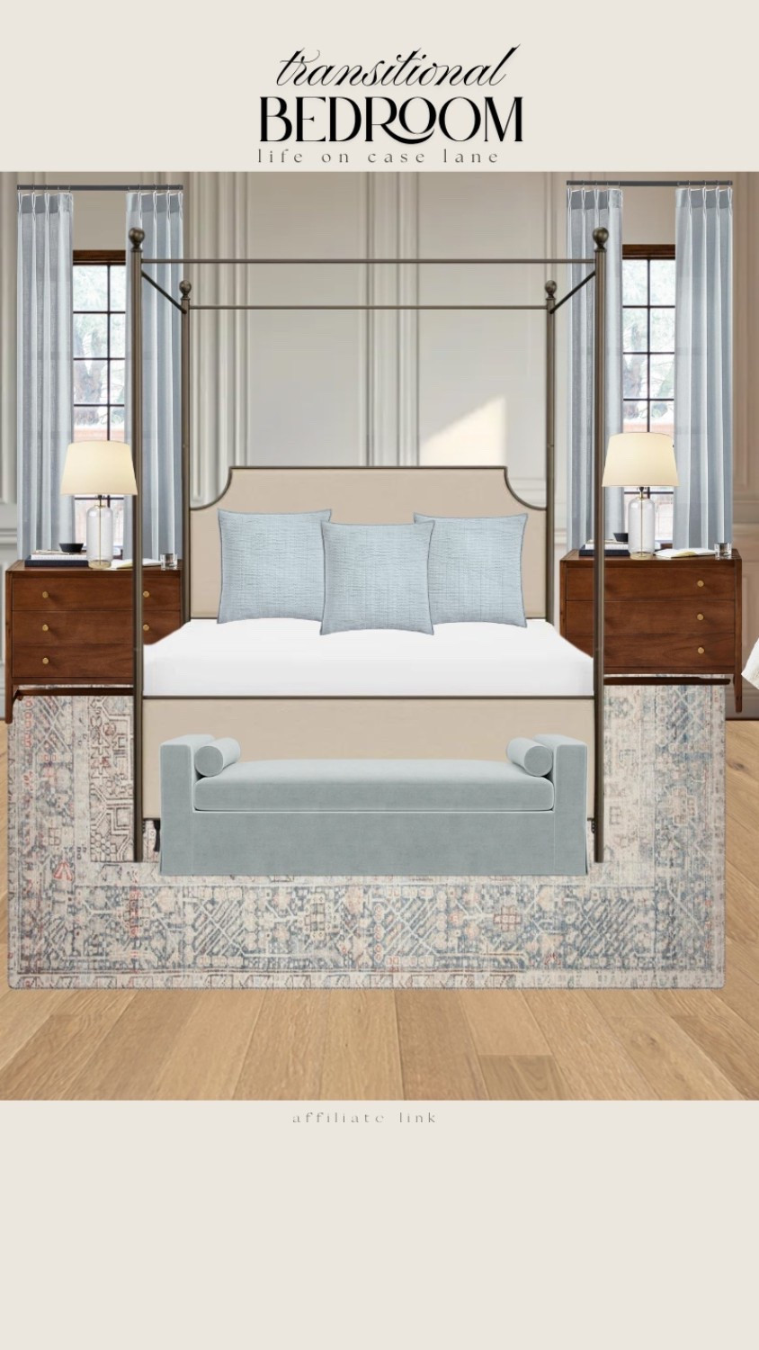 Primary bedroom furniture, master bedroom, guest bedroom, traditional bedroom, transitional bedroom, nightstand, upholstered bed, area rug, bedroom bench, bedroom chandelier, lamp, bedroom lamp, neutral bedroom, curtains, neutral curtains, triple pleat pinch curtains, affordable furniture, good quality furniture, wayfair, Loloi