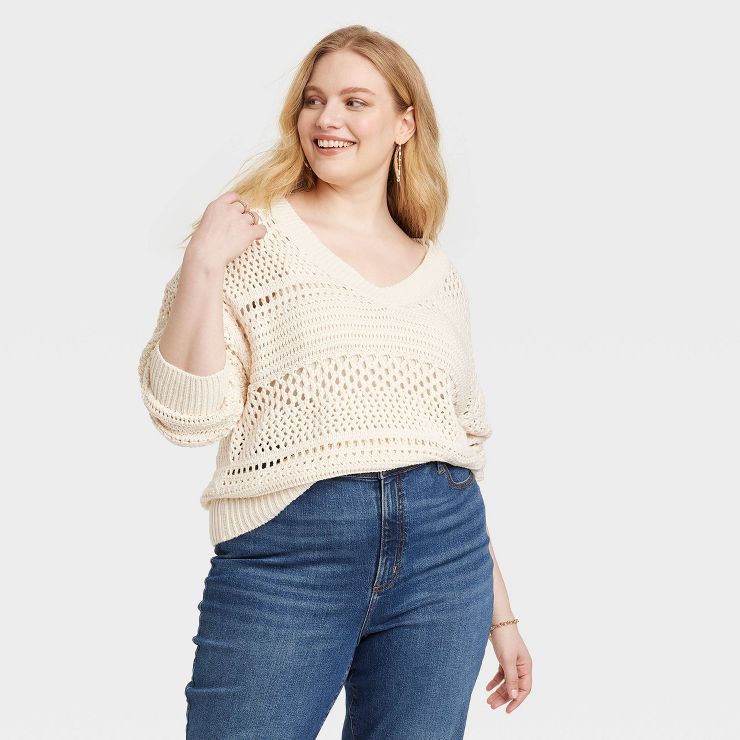 Women's V-Neck Openwork Pullover Sweater - Universal Thread™ | Target
