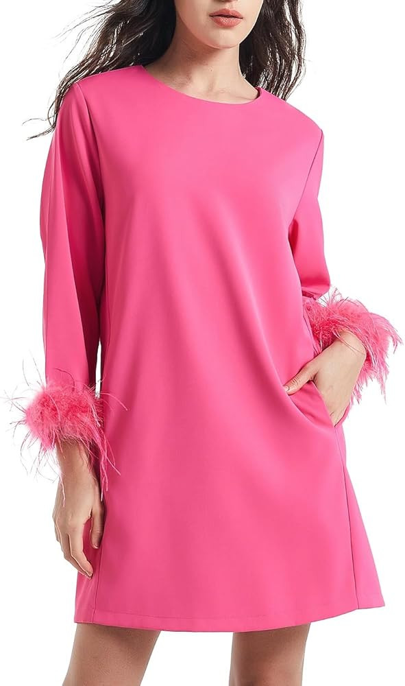 D-Sun Women Feather Dress Round Neck Casual 3/4 Feather Sleeves Party Dress Elegant Wedding Guest... | Amazon (US)