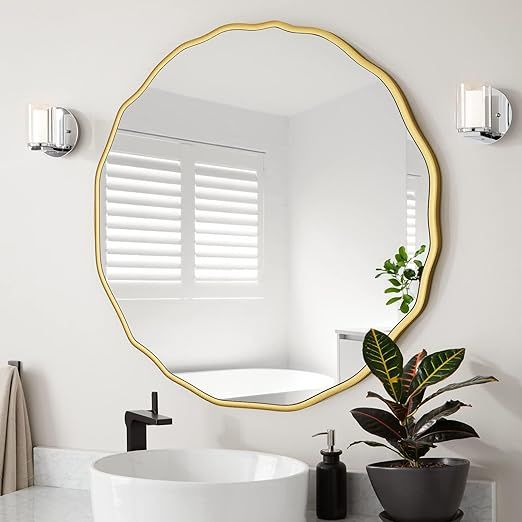 H HOMEWINS 28" Circle Wall Mirror,Gold Waved Decorative Round Mirror,Farmhouse Vanity Wood Mirror... | Amazon (US)