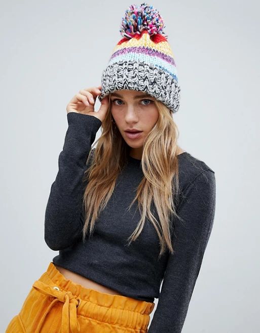 Pull&bear multi stripe knitted boble hat with pom pom | ASOS US