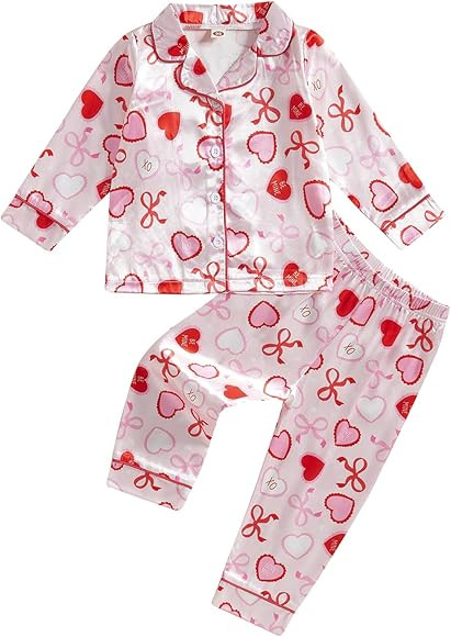 KMBANGI Kids Girl Two Piece Valentines Day Pajamas Set Silk Satin Hearts Long Sleeve Pjs Tops Pan... | Amazon (US)