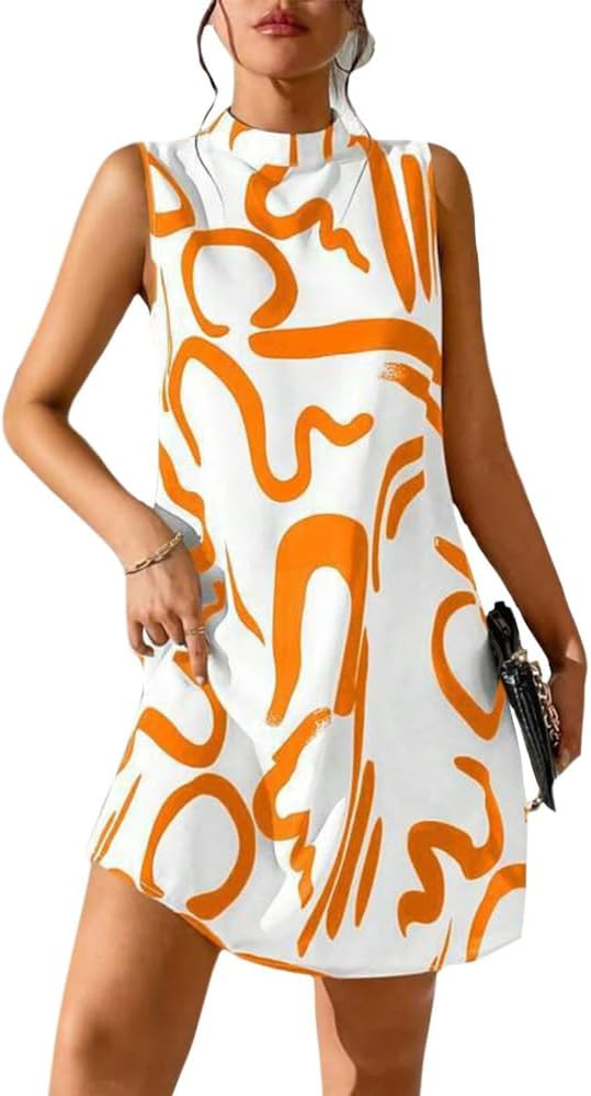 Sleeveless Dress for Women Summer Mock Neck Dress Geometric Print Tank Mini Dress Beach Sundresse... | Amazon (US)