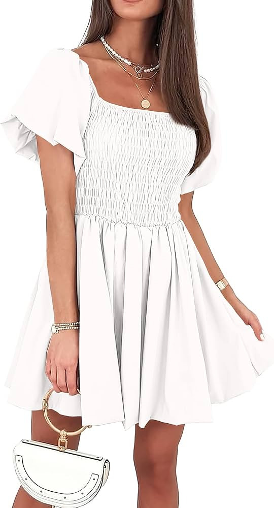 KIRUNDO 2023 Women's Summer Square Neck Smocked Puff Sleeve Mini Dress Off Shoulder Ruffle A-Line Pu | Amazon (US)