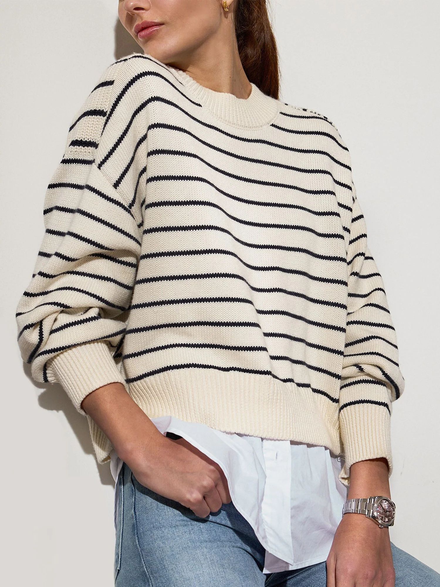 Layered-Look Sweater, Striped, Ivory, Charcoal, Crew | Brochu Walker