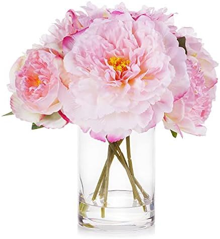 Enova Floral Artificial Flowers Silk Peony Fake Flowers Arrangement in Clear Cylinder Glass Vase wit | Amazon (US)