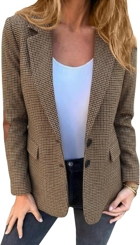 Mina Self Womens Tweed Blazer-Houndstooth Plaid Full Lining Business Casual Work Office Dressy Bl... | Amazon (US)