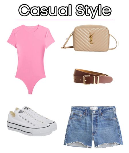 Casual Style for her. Pink bodysuit, high rise denim shorts, neutral bag bag, and Converse All Star Platform sneakers. These white sneakers come in pink and black. 


#LTKfindsunder50 #LTKsalealert #LTKSpringSale