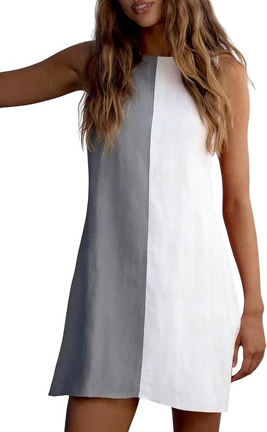 Qiaomai Womens Summer Color Block Cotton Mini Dress Sleeveless Crewneck A-Line Sundress Beach Vac... | Amazon (US)