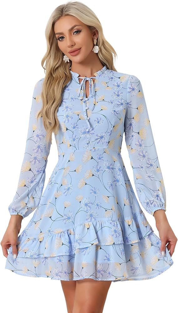 Allegra K Women's Summer Floral Tie V Neck 2024 Semi Sheer Long Sleeve Layered Tiered Chiffon Min... | Amazon (US)