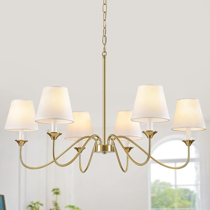 6 Lights Modern Brass Gold Chandeliers for Dining Room, Farmhouse Chandelier 35.8" Hanging Light Fixture, Adjustable Pendant Lights with White Fabric Shade for Kitchen Living Room Bedroom | Amazon (US)