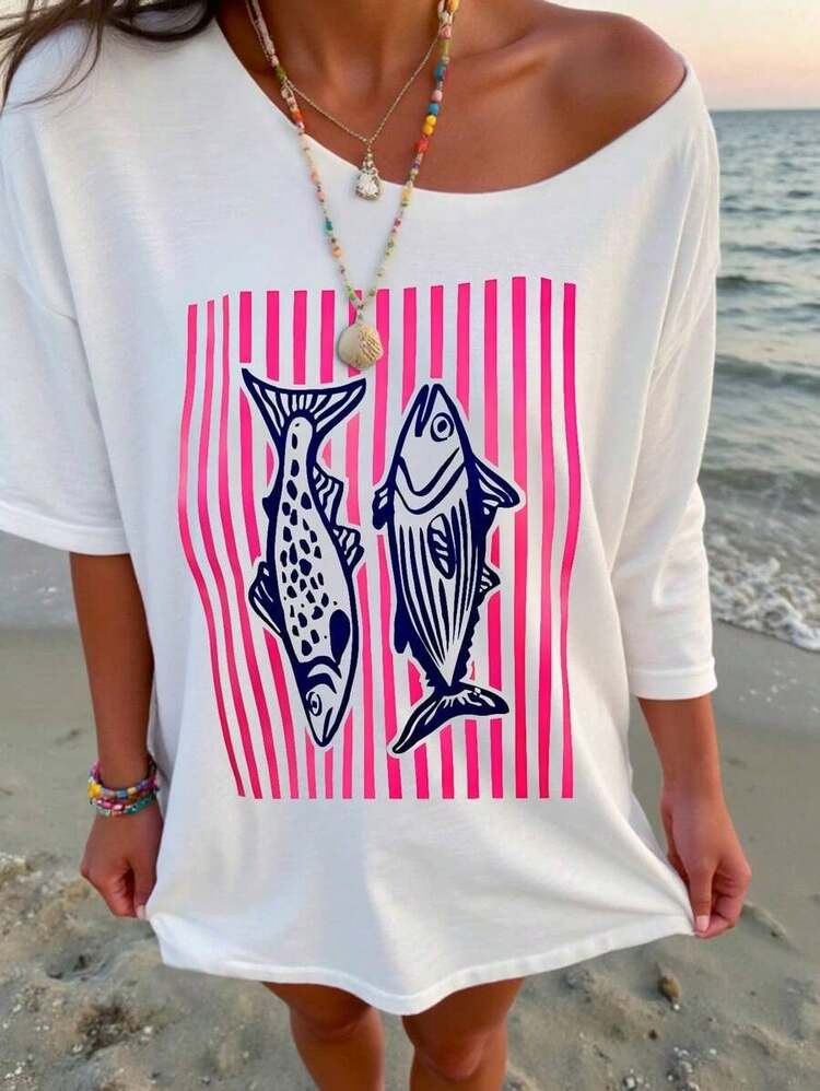 Asymmetrical Asymmetric Neck T-Shirt, Retro Sardine Fish Print T-Shirt, Seafood Vacation Retro Pa... | SHEIN