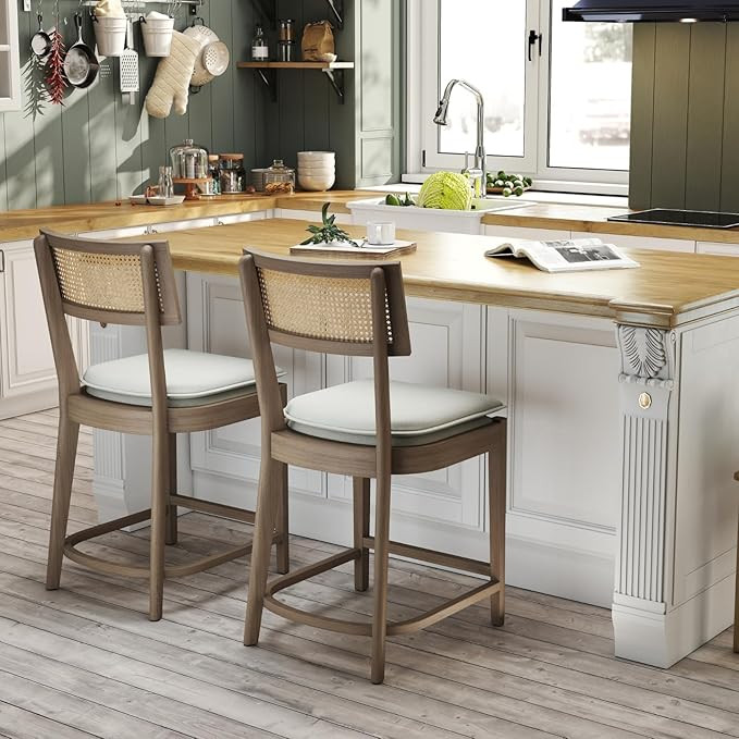 Rattan Bar Stools Set of 2, 26'' Counter Stools with Cane Back, Upholstered Counter Height Bar Ch... | Amazon (US)