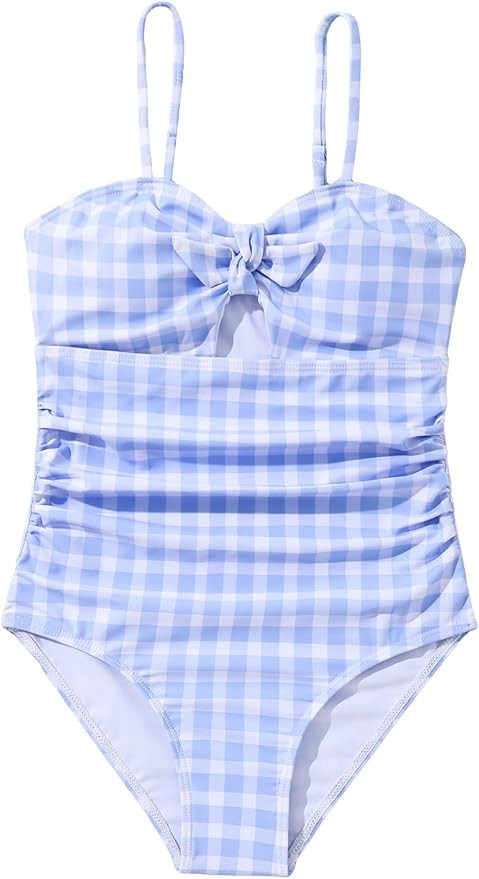 Floerns Girl's Gingham Print Ruched Cut Out Knot Front One Piece Swimsuit | Amazon (US)