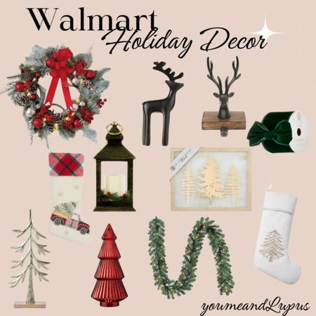 Walmart holiday decor, Christmas wreaths, stockings, holiday table top decorations, ornaments, ribbon, stocking holders, faux pine tree, gold trees, deer figurines, holiday finds, Christmas finds, YoumeandLupus 

#LTKHoliday #LTKhome #LTKSeasonal