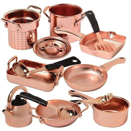 13 Piece Plastic Copper Look Cookware Set for Pretend Kitchen Play for Ages 3 Years and Up | Amazon (US)