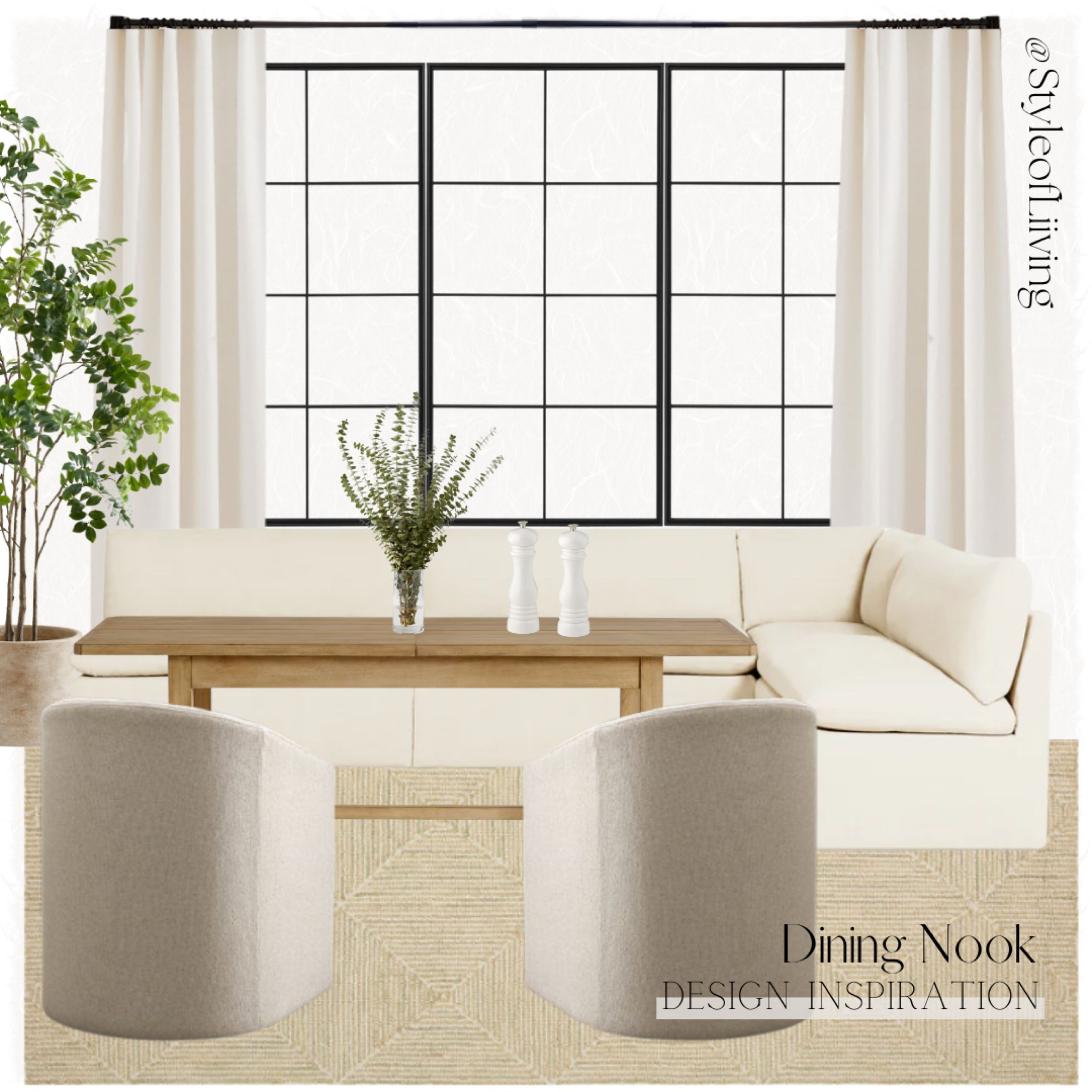 Dining nook design inspiration! Ivory curtains, black rod, dining table rectangular, upholstered dining chairs and banquet. Banquet in photo is from SixPenny which I am unable to link. You can find this piece on their website or find similar options linked below!

#LTKhome #LTKfamily #LTKstyletip