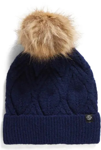 Cable Knit Beanie with Faux Fur Pompom | Nordstrom