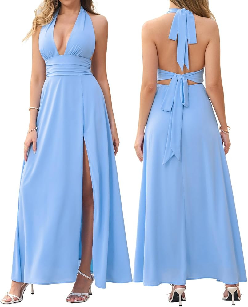 Amazon.com: XinFSh Women's Halter V Neck Wedding Guest Maxi Dress Sexy High Slit Bow Tie Beach Va... | Amazon (US)