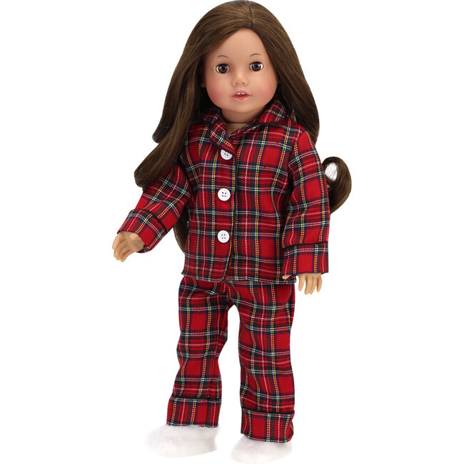 18'' Doll Flannel Pajama & Slippers Set, Red | Maisonette