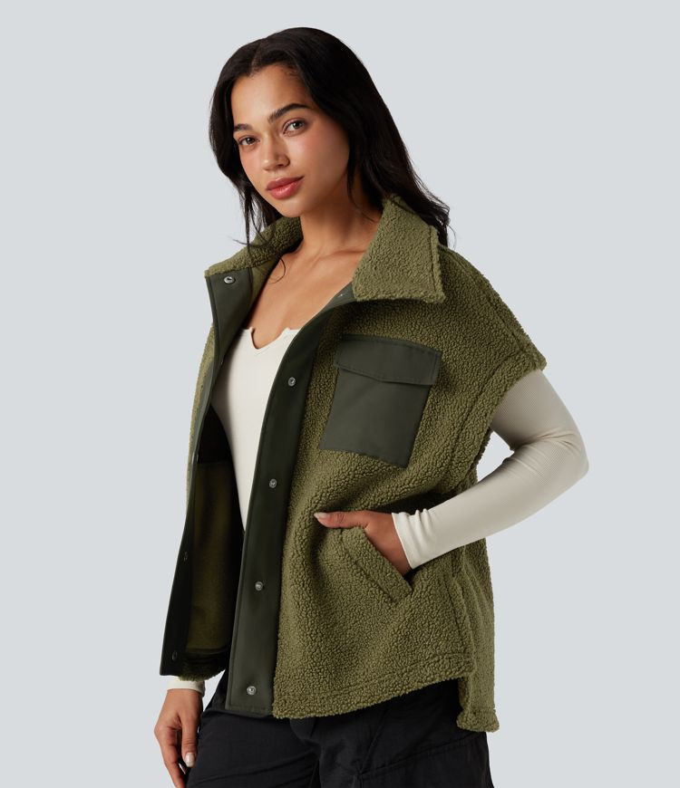 Women’s Stand Collar Cap Sleeve Color Block Hiking Sherpa Vest with Pockets - Halara | HALARA