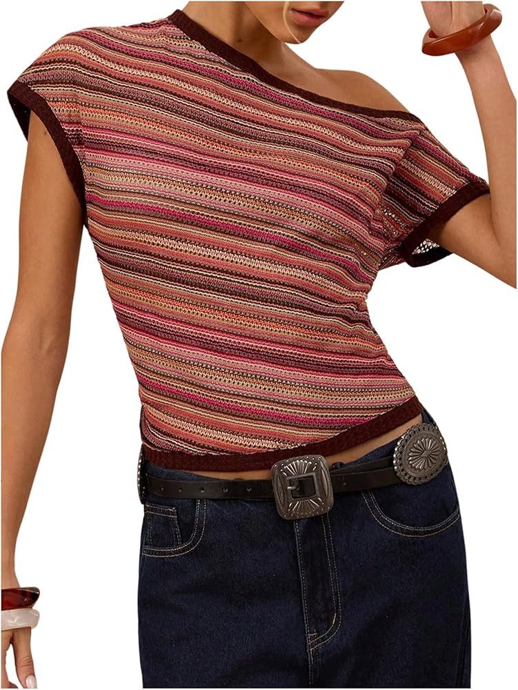 Floerns Women's Y2k Striped Off The Shoulder Blouse Tops Sheer Dolman Sleeve Vintage Going Out To... | Amazon (US)