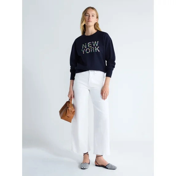 Free Assembly Women's and Women's Plus New York Embroidered Shrunken Sweatshirt, Sizes XS-4X | Walmart (US)