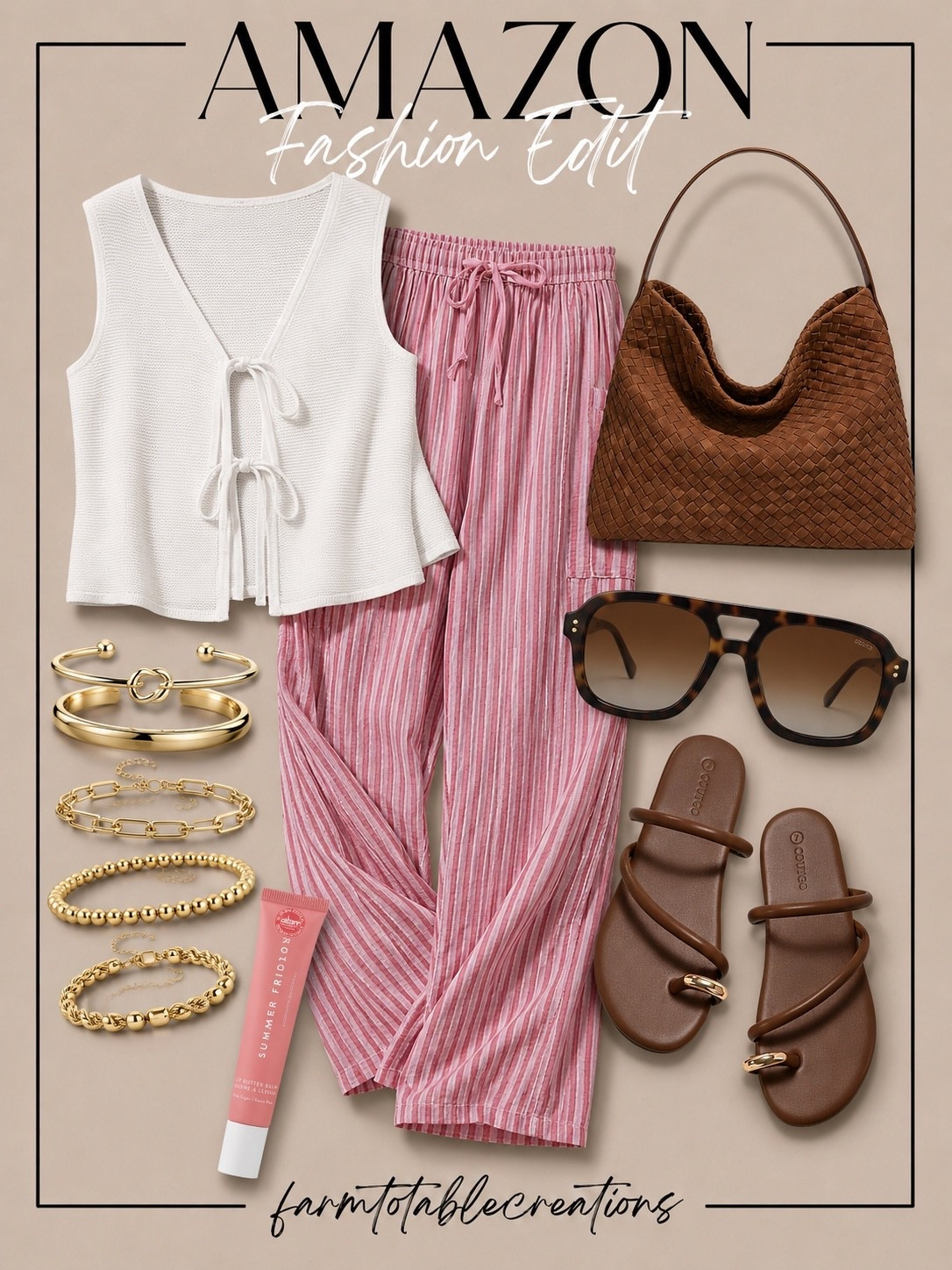 Amazon Fashion Edit. This pink striped lounge set is the perfect mix of comfy and cute for summer. Paired with woven accessories, layered gold jewelry, chic sunglasses, and neutral sandals, it creates an effortless look that works for travel days, errands, brunch, or relaxing at home. These are the kind of Amazon finds that look so much more expensive than they are.

#amazonfashion #summeroutfit #loungeset #amazonfinds #sandals

amazon fashion | summer outfit | pink striped pants | casual style | vacation outfit | resort wear | travel outfit | neutral accessories | woven handbag | gold jewelry | everyday style | comfy outfit | airport outfit | summer sandals | amazon style | affordable fashion | fashion finds | chic style | weekend outfit | outfit inspo | capsule wardrobe | summer essentials | trendy finds | womens fashion | amazon favorites

#LTKootd #LTKSaleAlert #LTKBeauty