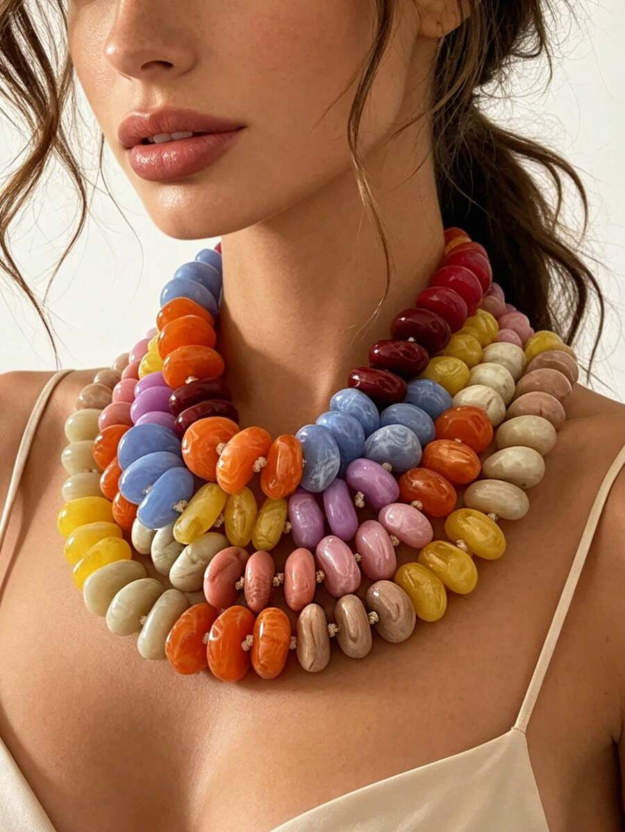 1pc Artistic Retro Fresh Sweet Colorful Resin Beaded Necklace, Luxury Layered Wear, Vacation Styl... | SHEIN